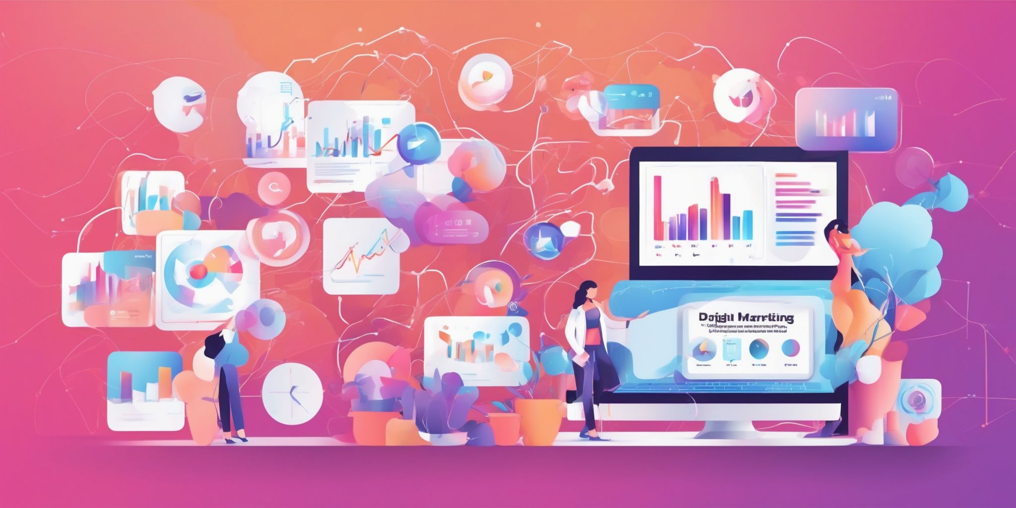 Digital marketing trends in illustration style with gradients and white background