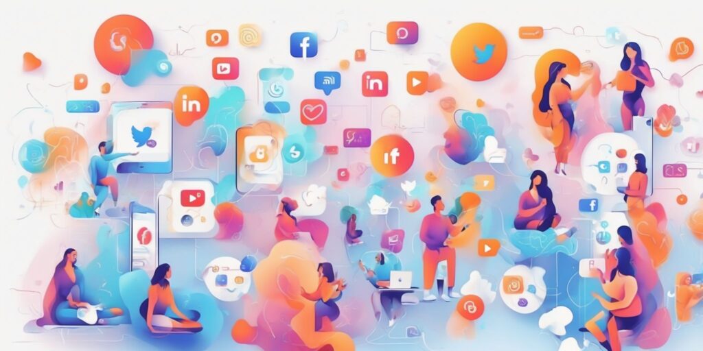 social media in illustration style with gradients and white background