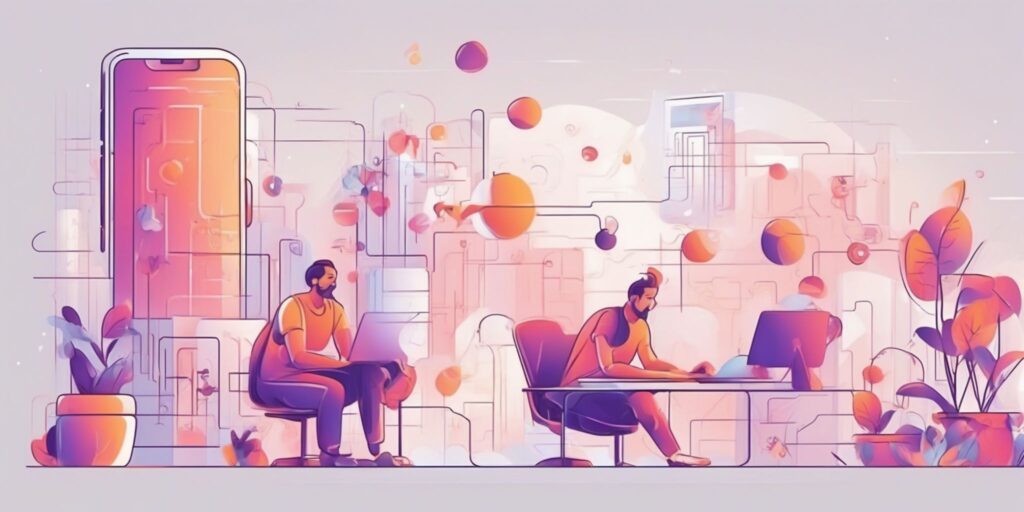 Online positioning in illustration style with gradients and white background