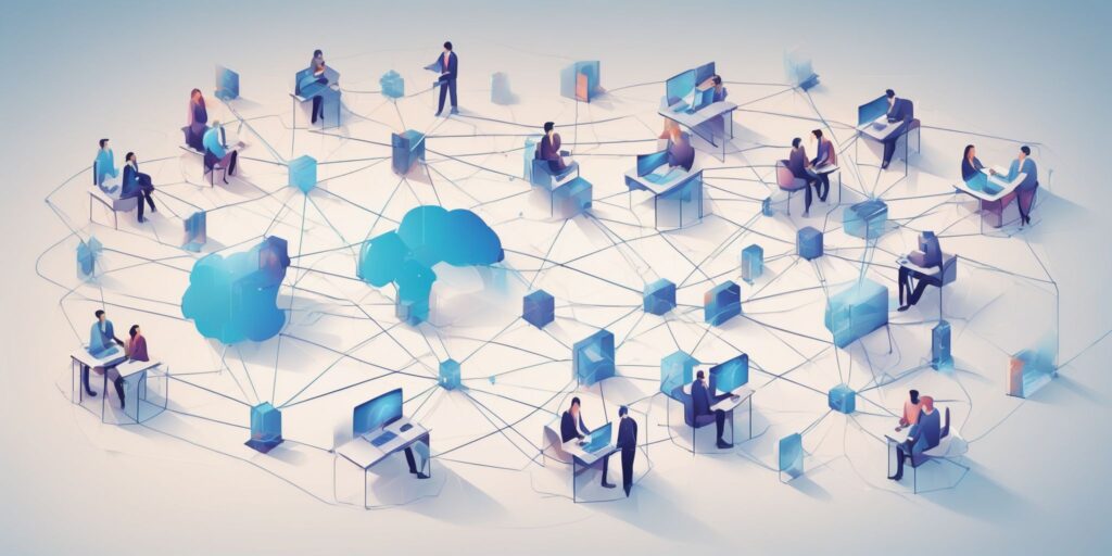 Networking hub in illustration style with gradients and white background