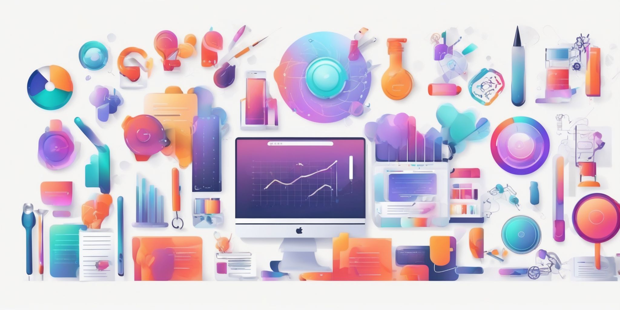 Marketing tools in illustration style with gradients and white background