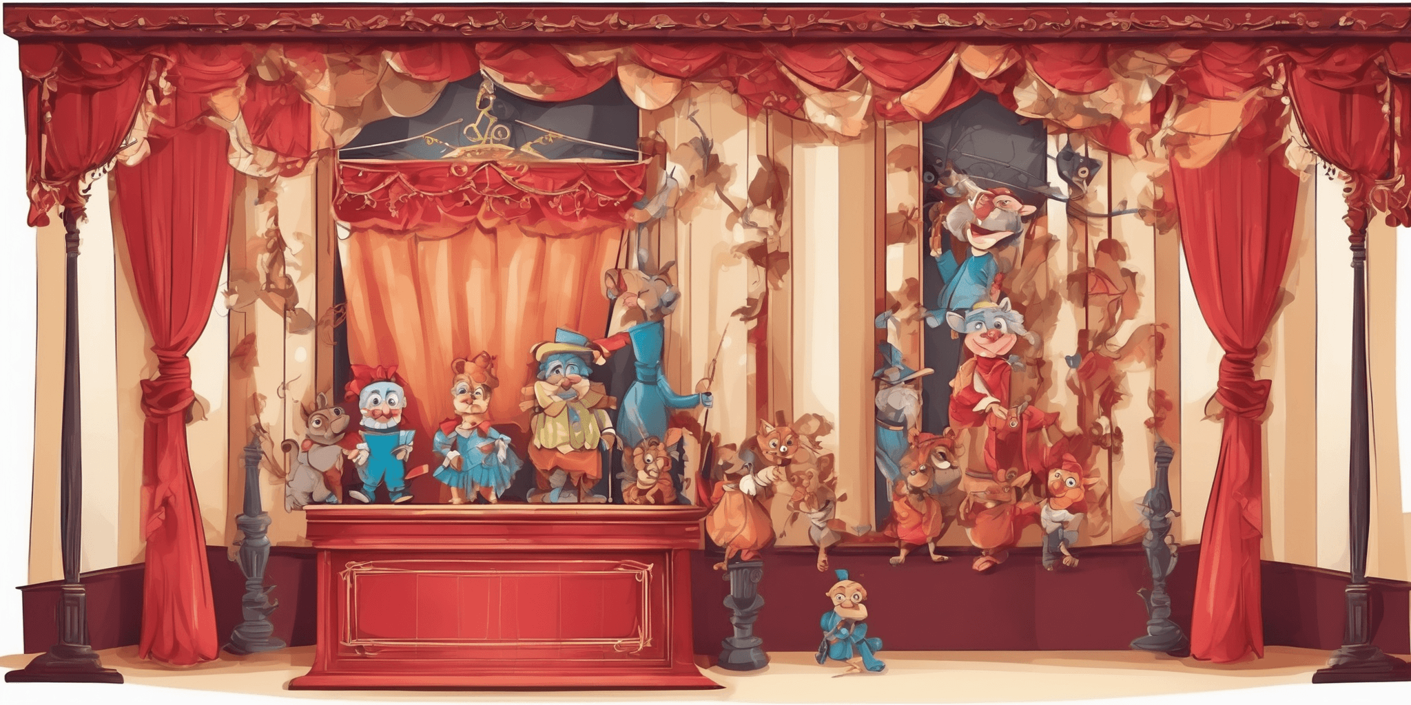 Puppet theater in illustration style with gradients and white background