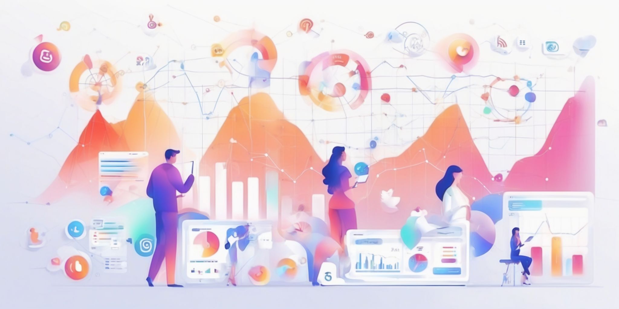 Social media analytics in illustration style with gradients and white background