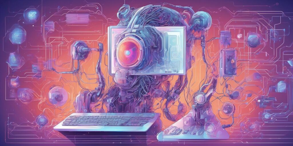 Cyber content engine in illustration style with gradients and white background