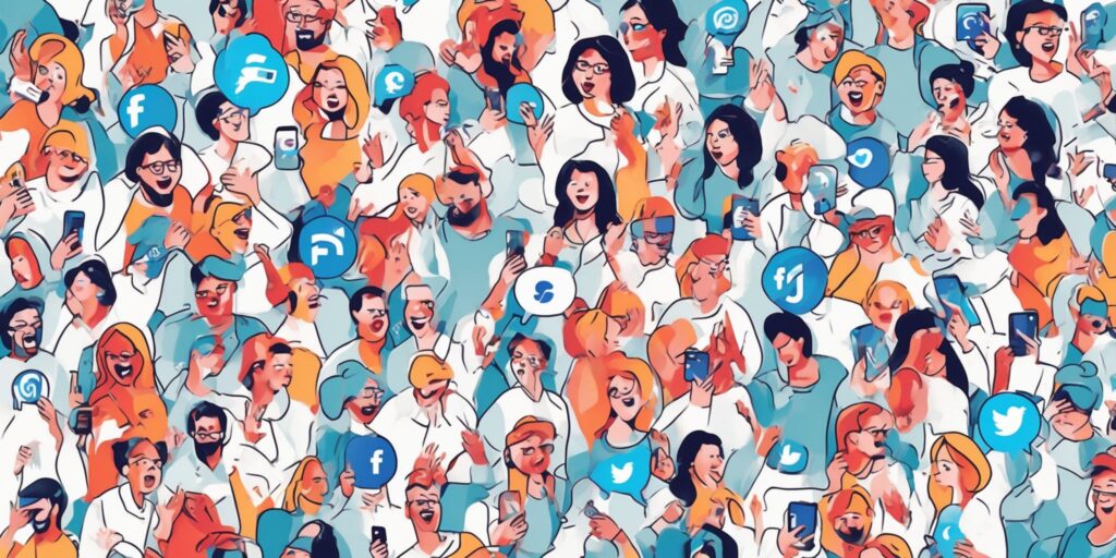 Social media frenzy in illustration style with gradients and white background