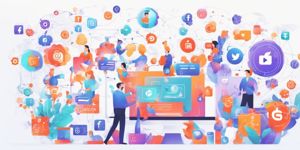 Social media marketing consultant automation in illustration style with gradients and white background