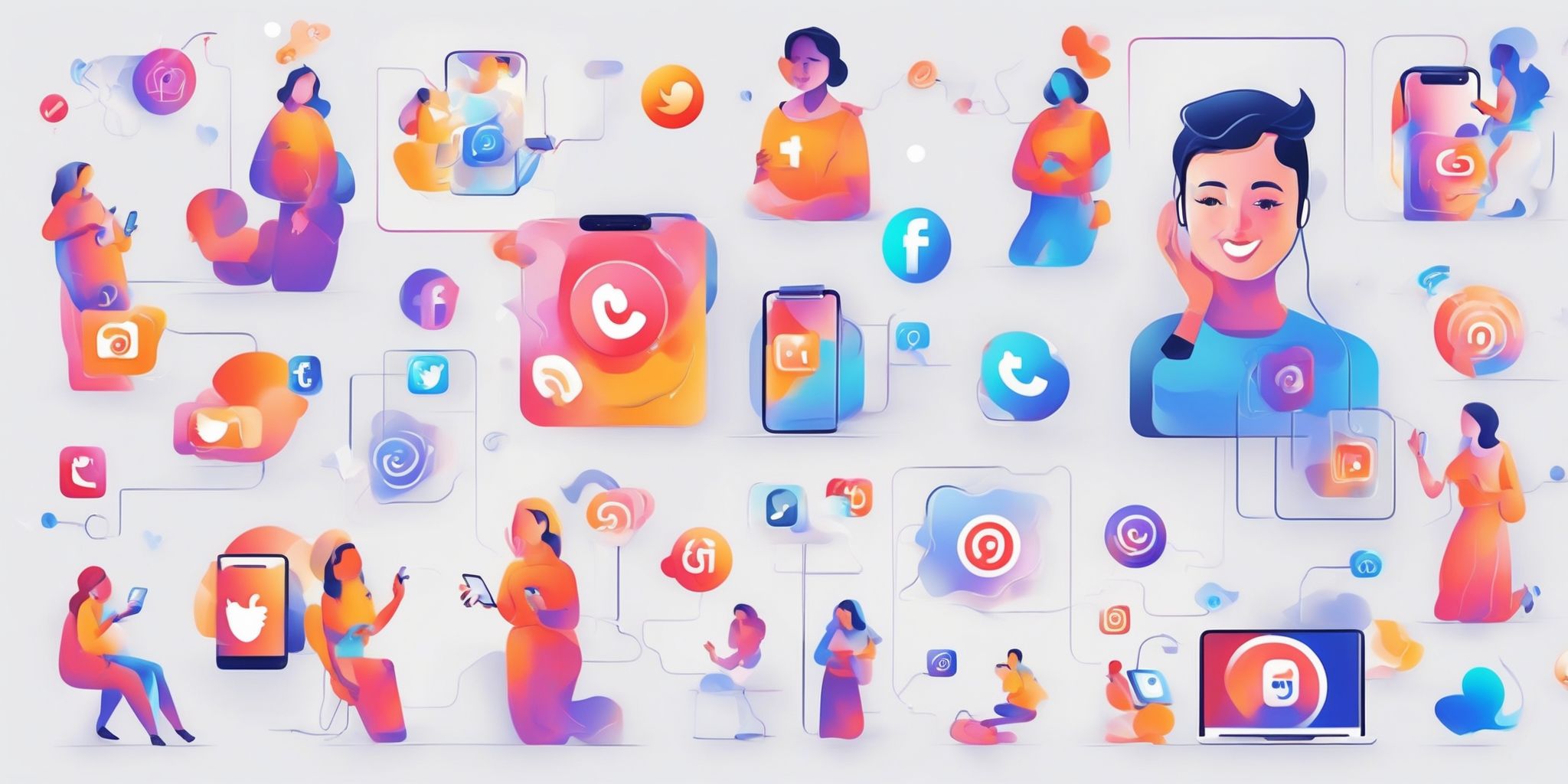 Social media in illustration style with gradients and white background