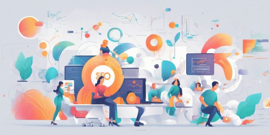 SEO in illustration style with gradients and white background