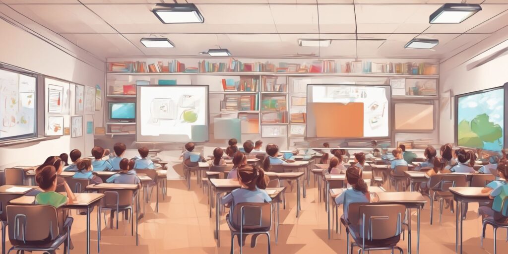 Digital classroom in illustration style with gradients and white background