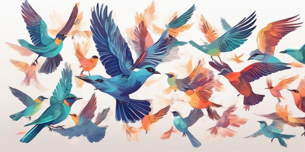 Birds soaring in illustration style with gradients and white background