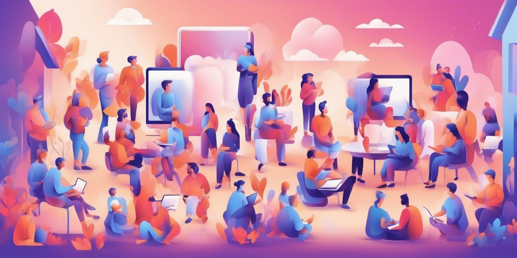 Online community building in illustration style with gradients and white background