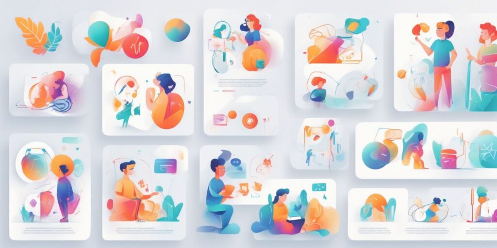 keywords in illustration style with gradients and white background