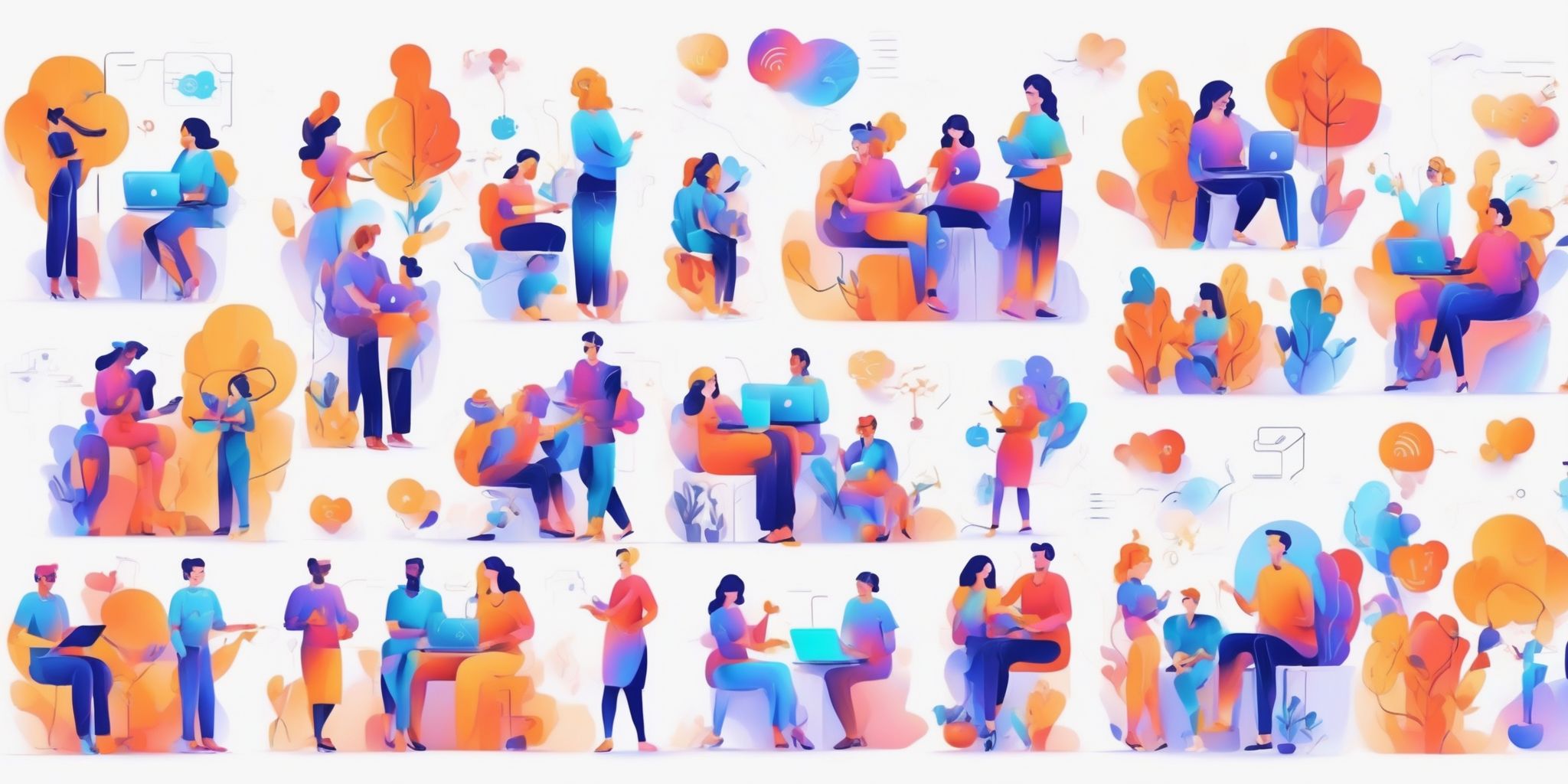 Online community in illustration style with gradients and white background